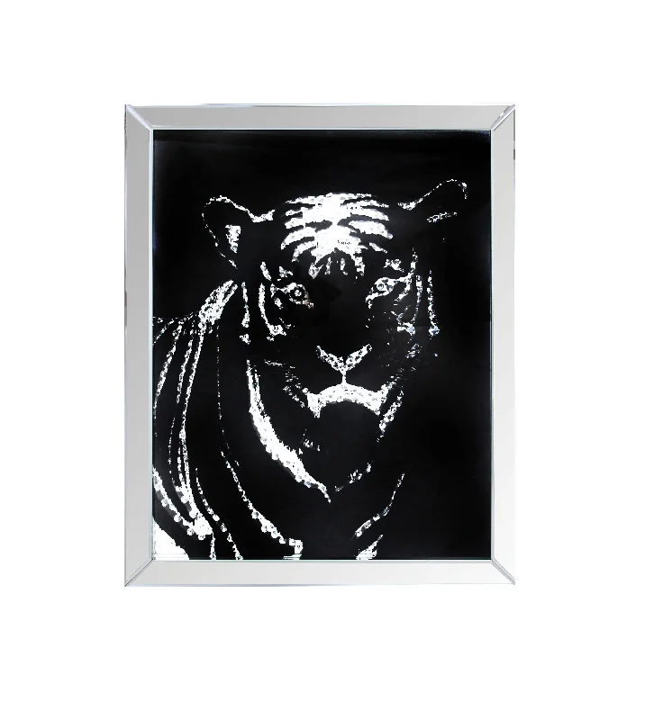 Benzara Rectangular Mirror Framed Tiger Wall Decor With Crystal Inlays, Black & Silver