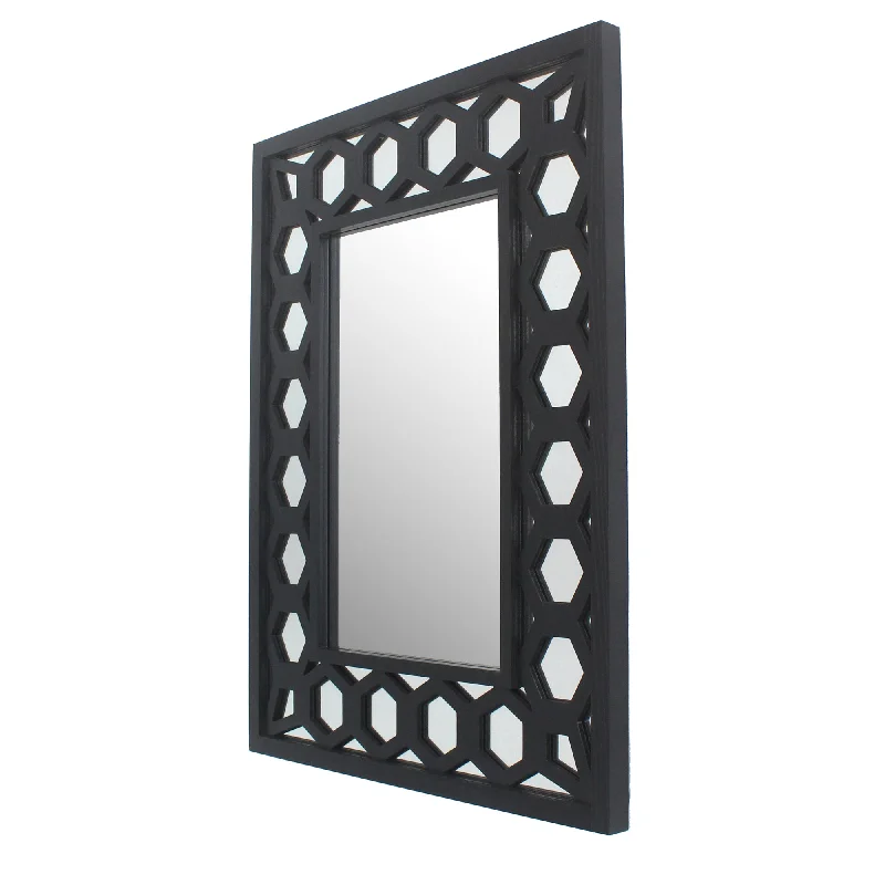 Benzara Rectangular Wooden Dressing Mirror with Lattice Pattern Design, Black