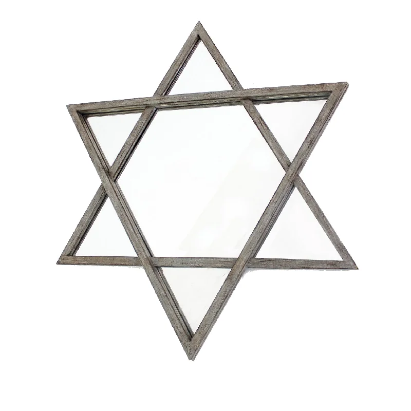 Benzara Transitional Wooden Wall Mirror with Hexagram Shape Design, Brown