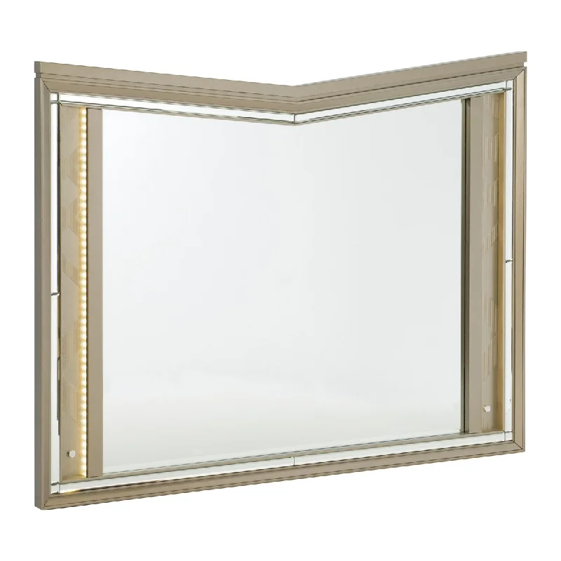 Benzara V Notch Design Wooden Frame Mirror with LED Light, Silver