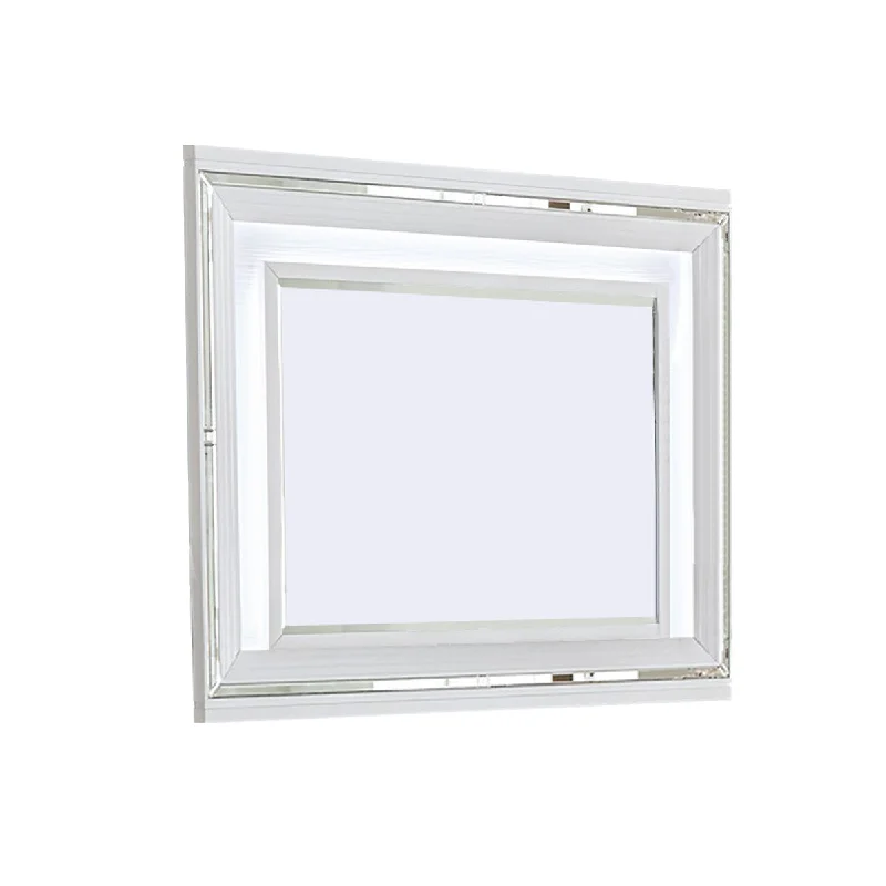 Benzara Wooden Frame Mirror with Led and Mirror Trim Accents, White