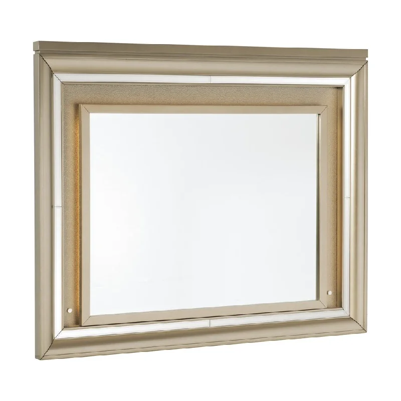 Benzara Wooden Frame Mirror with LED Light, Champagne Gold and Silver